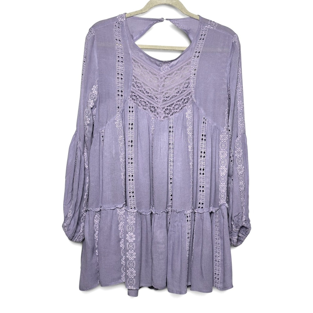 Free People Lavender Purple Embroidered Eyelet Lace Tunic Top Boho Size Small - Picture 5 of 10